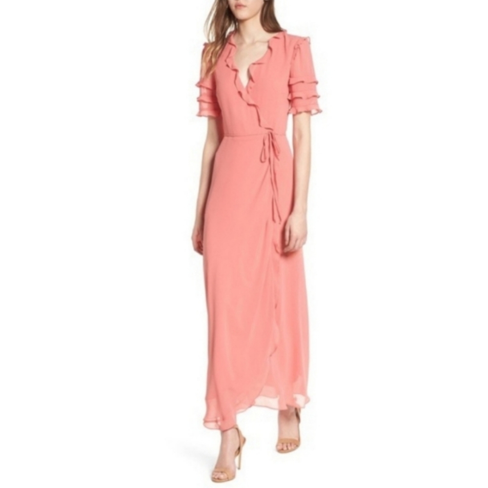 Maxi Wrap Dress Ruffles Coral XS WAYF